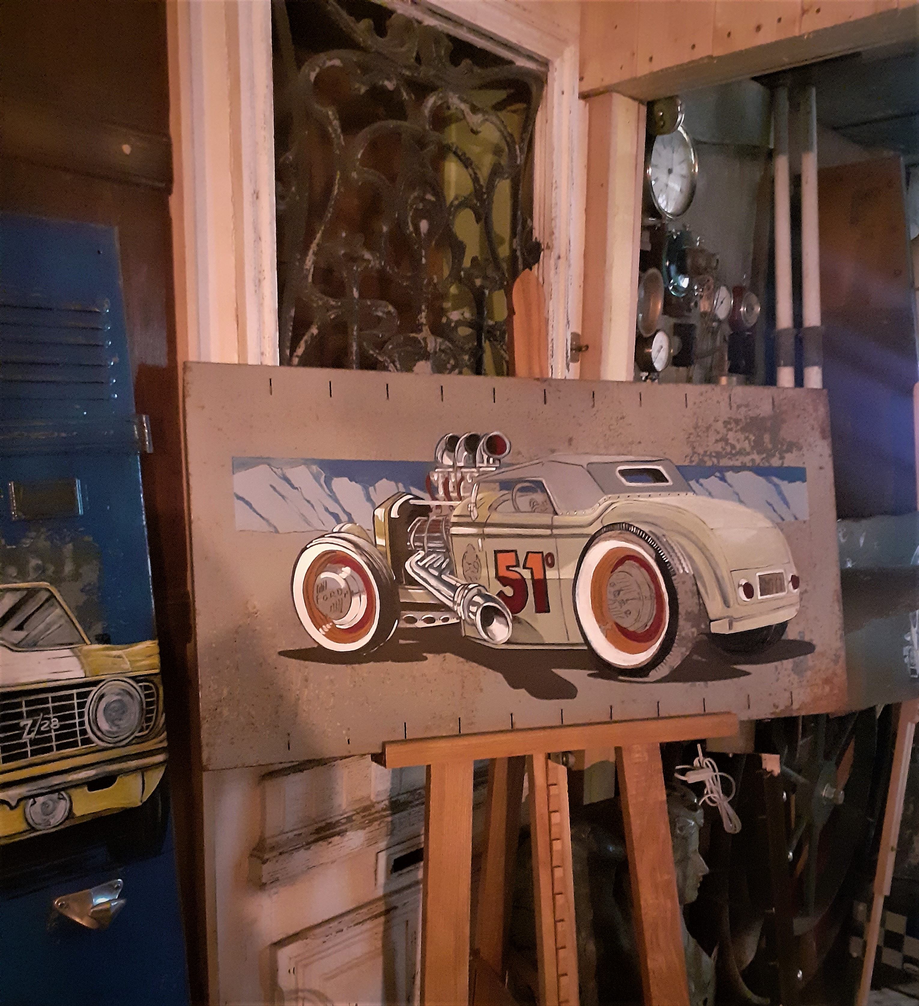 Travail en peinture représentant une voiture