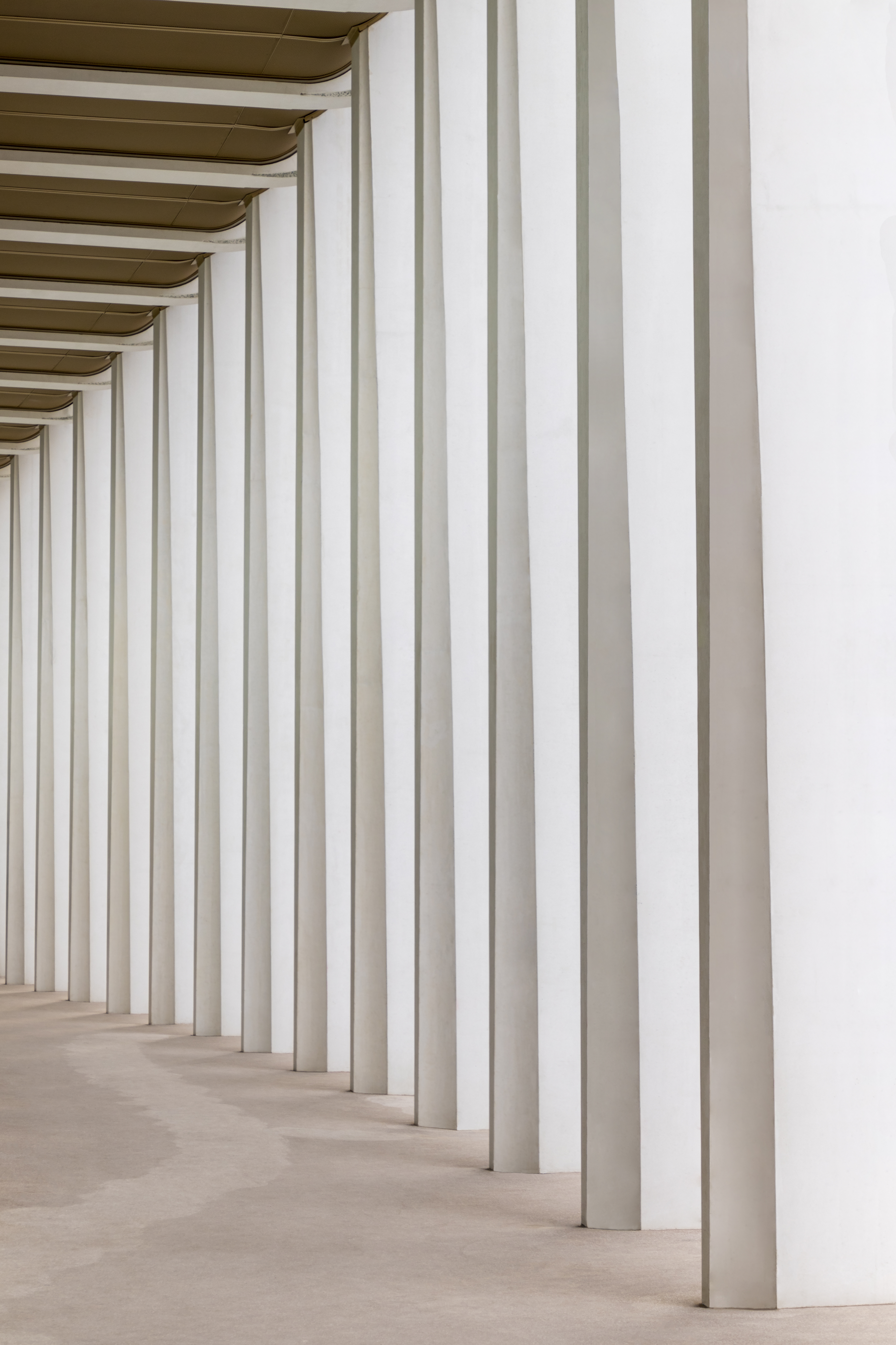 La photographie présente un passage moderne aux lignes géométriques épurées. La photographie a des couleurs de ton beige, marron. Nous remarquons une perspective infinie avec des colonnes qui se superposent pour créer ce passage.