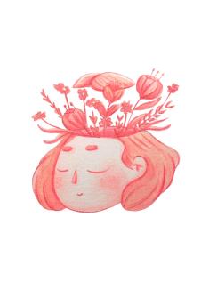 Illustration portrait de l’artiste, des fleurs sortent de son crâne
